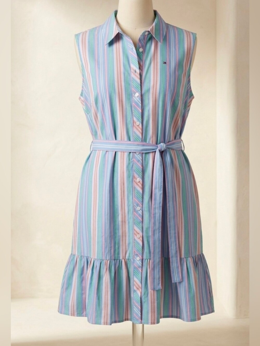 Tommy Hilfiger Striped Sleeveless Ruffle Hem Shirt Dress 16 Coastal Nautical